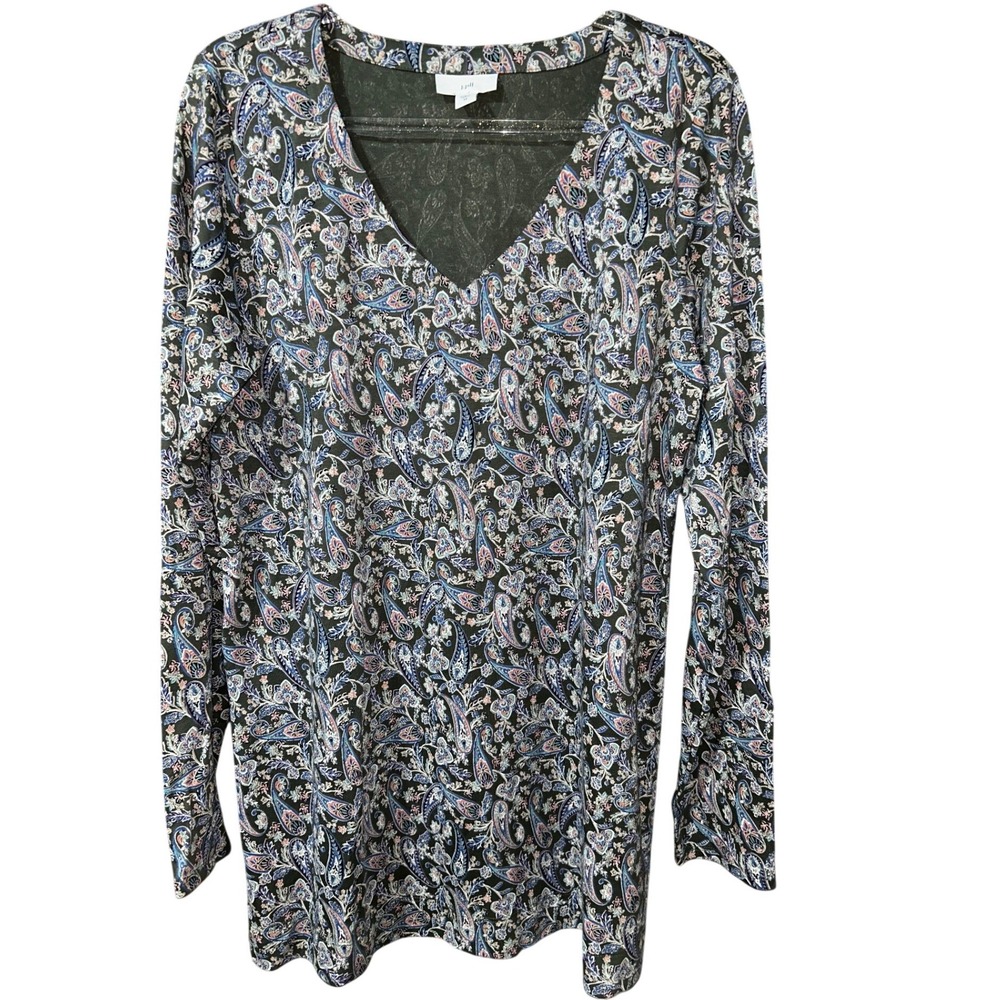 J. Jill Green Paisley V-Neck Long Sleeve Top Womens XS Floral Print Blouse - Picture 1 of 3
